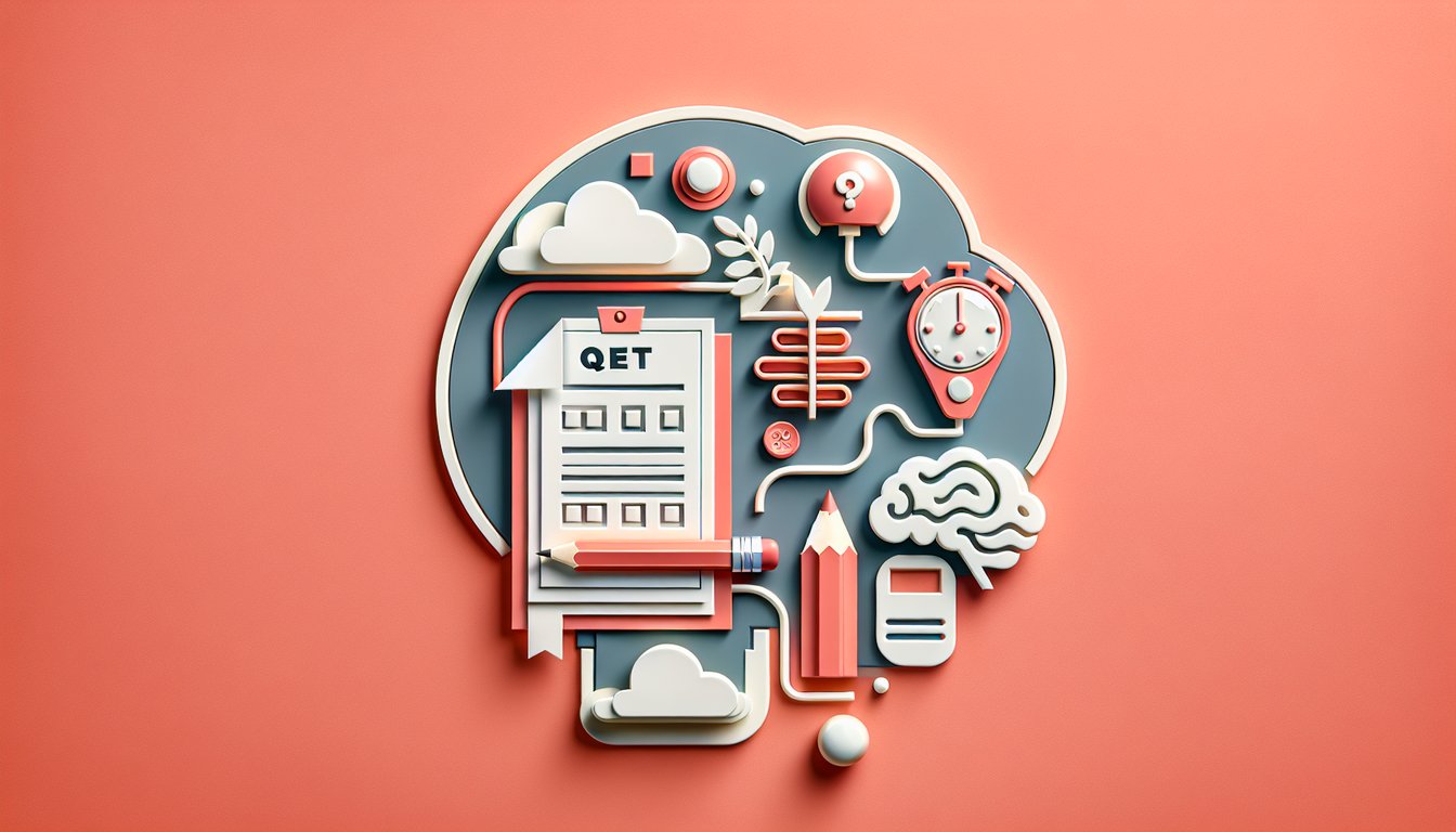 Paper art quiz elements on coral background advertising free STAT challenge for quantitative and verbal questions