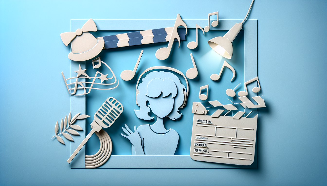 Paper art Bella Thorne quiz on sky blue background featuring early career Disney days and musical influences