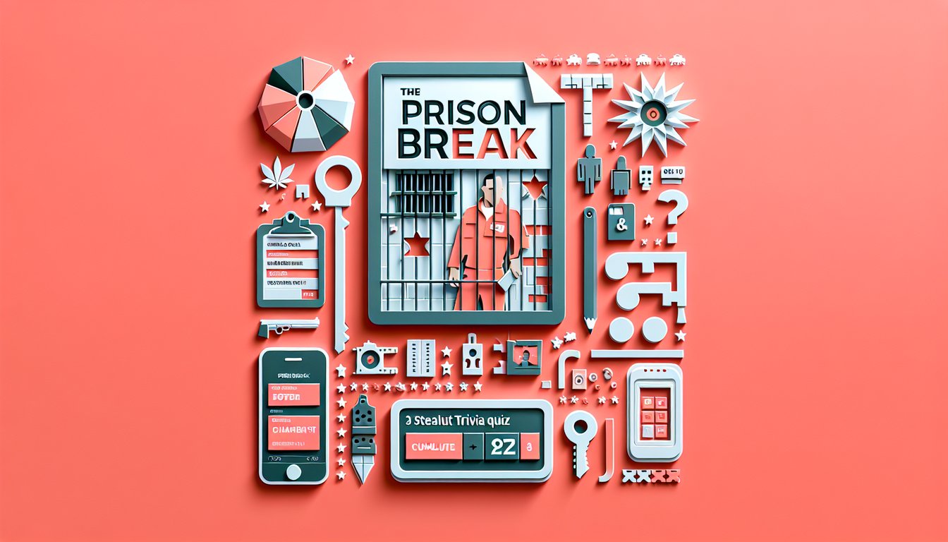 Paper art style scene with jail bars map clues and magnifying glass over coral background for Prison Break trivia quiz