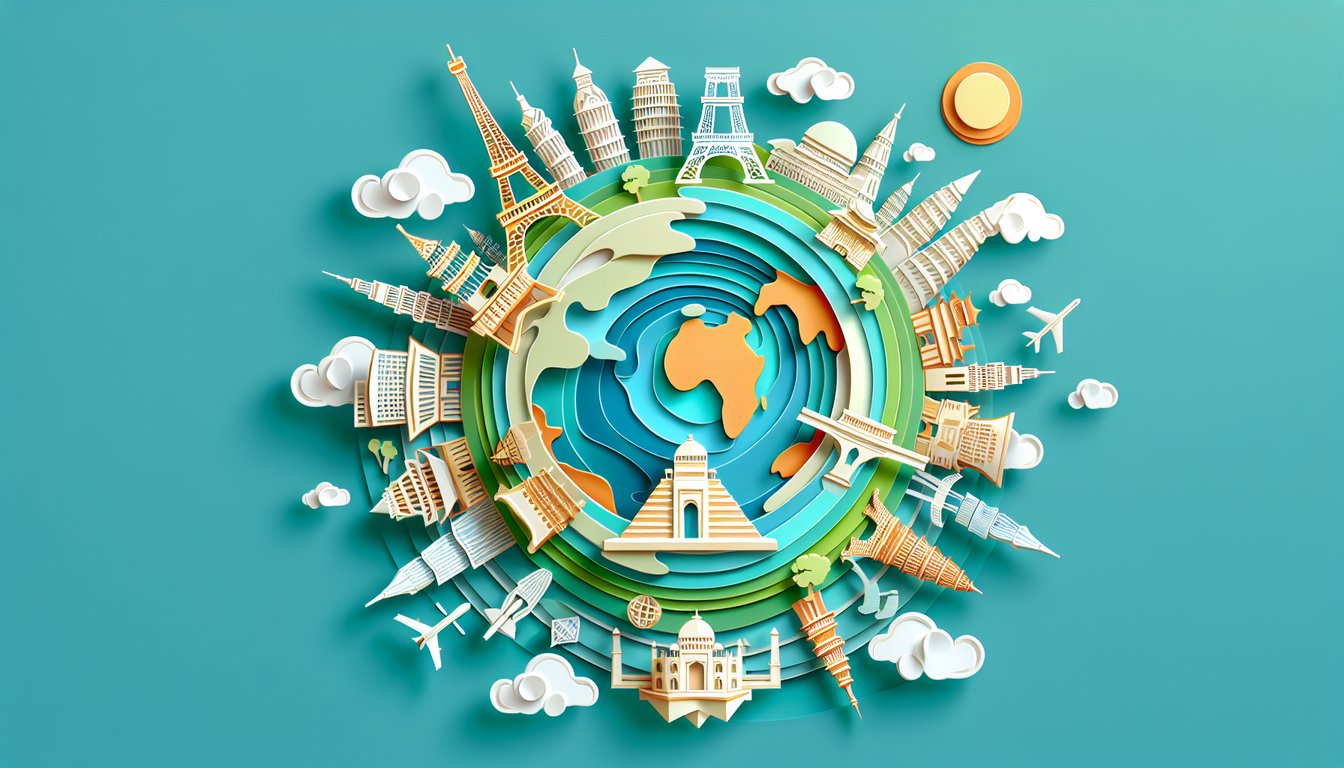 Paper art illustration for geography trivia quiz on teal background