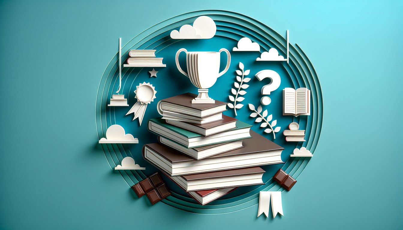Paper art collage of book pages and melting chocolate bar with quiz title Chocolate Fever on teal background.