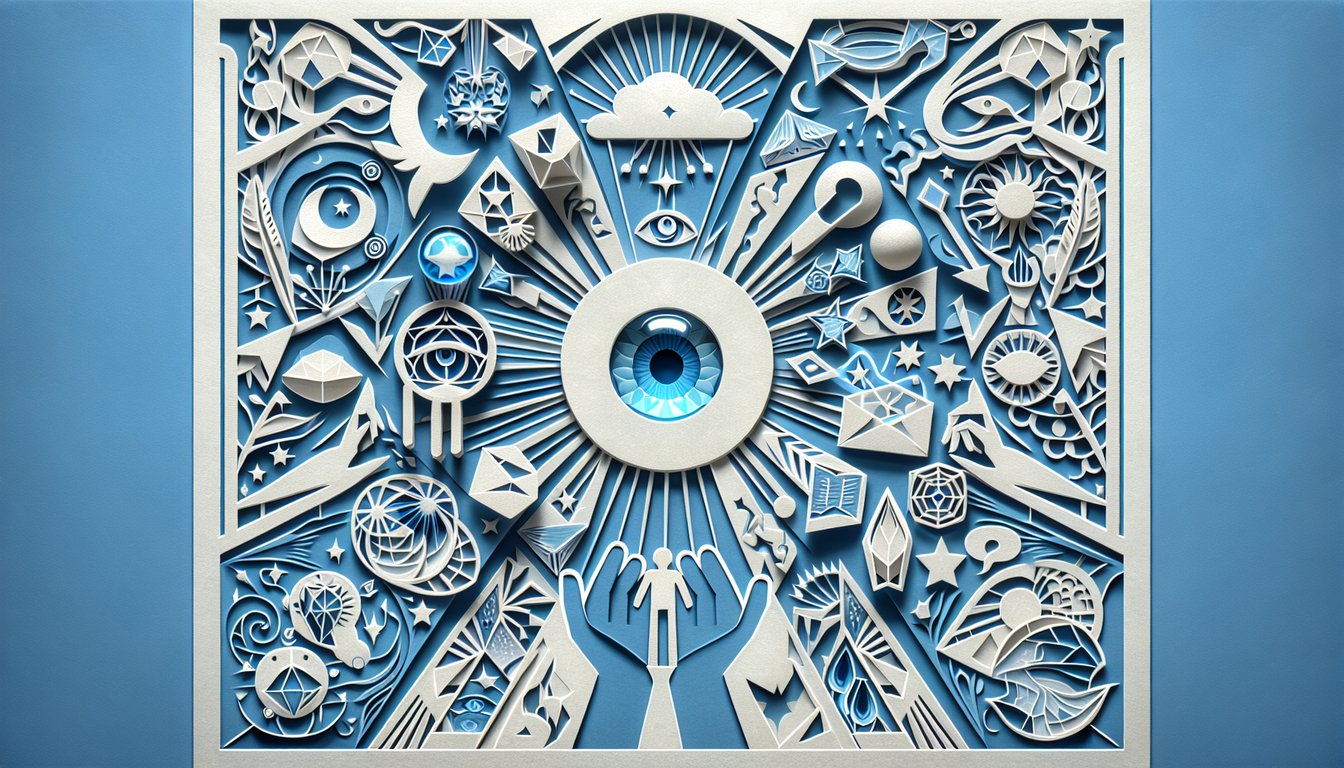 Paper art illustration with tarot cards crystal ball question marks on sky blue background for psychic test quiz