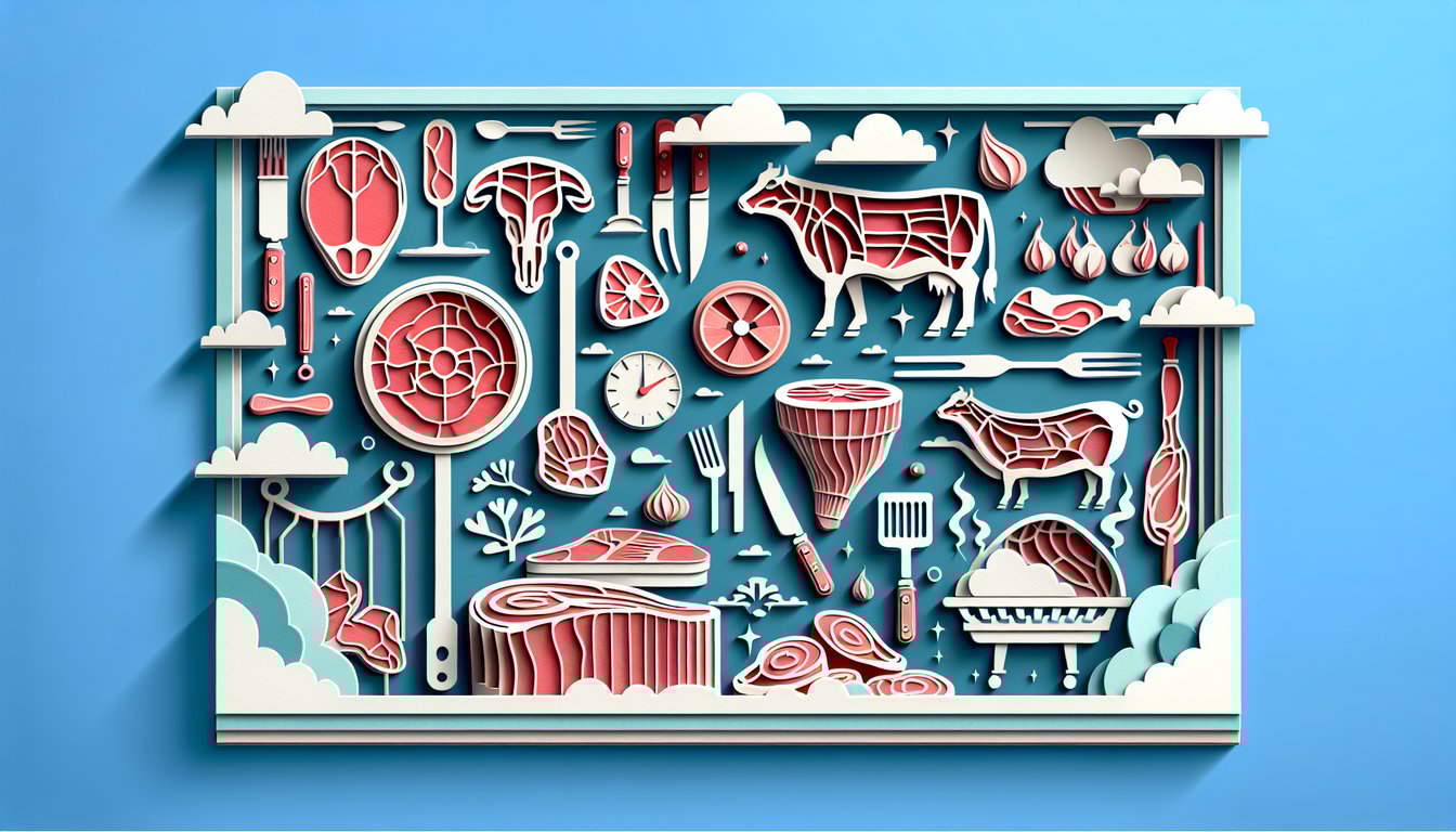 Paper art illustration for meat trivia quiz with fun facts, cuts, cooking tips, and history on sky blue background.