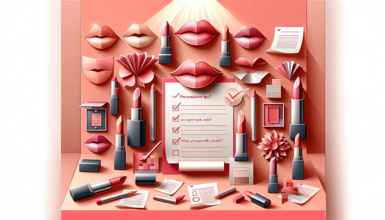 Colorful paper art for a quiz about finding your perfect lipstick shade on a coral background