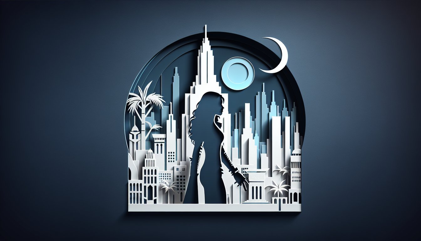 Paper art illustration of a mockingjay pin and arrow on dark blue background promoting free Hunger Games trivia quiz