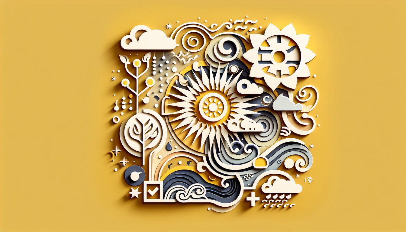 Paper art energy symbols sun lightning bolt leaves swirling around quiz title on golden yellow background