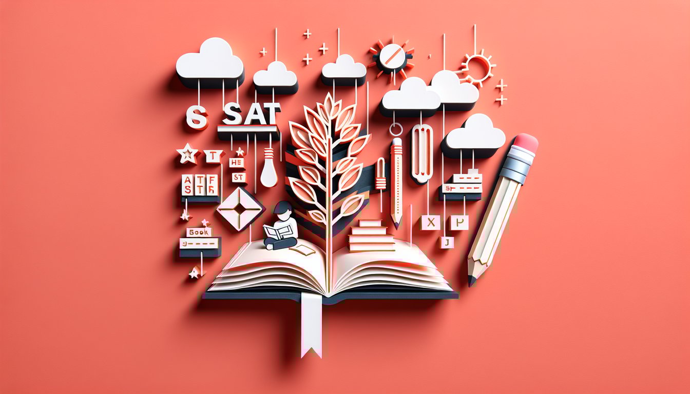 Paper art illustration for SAT prefixes and suffixes quiz on a coral background