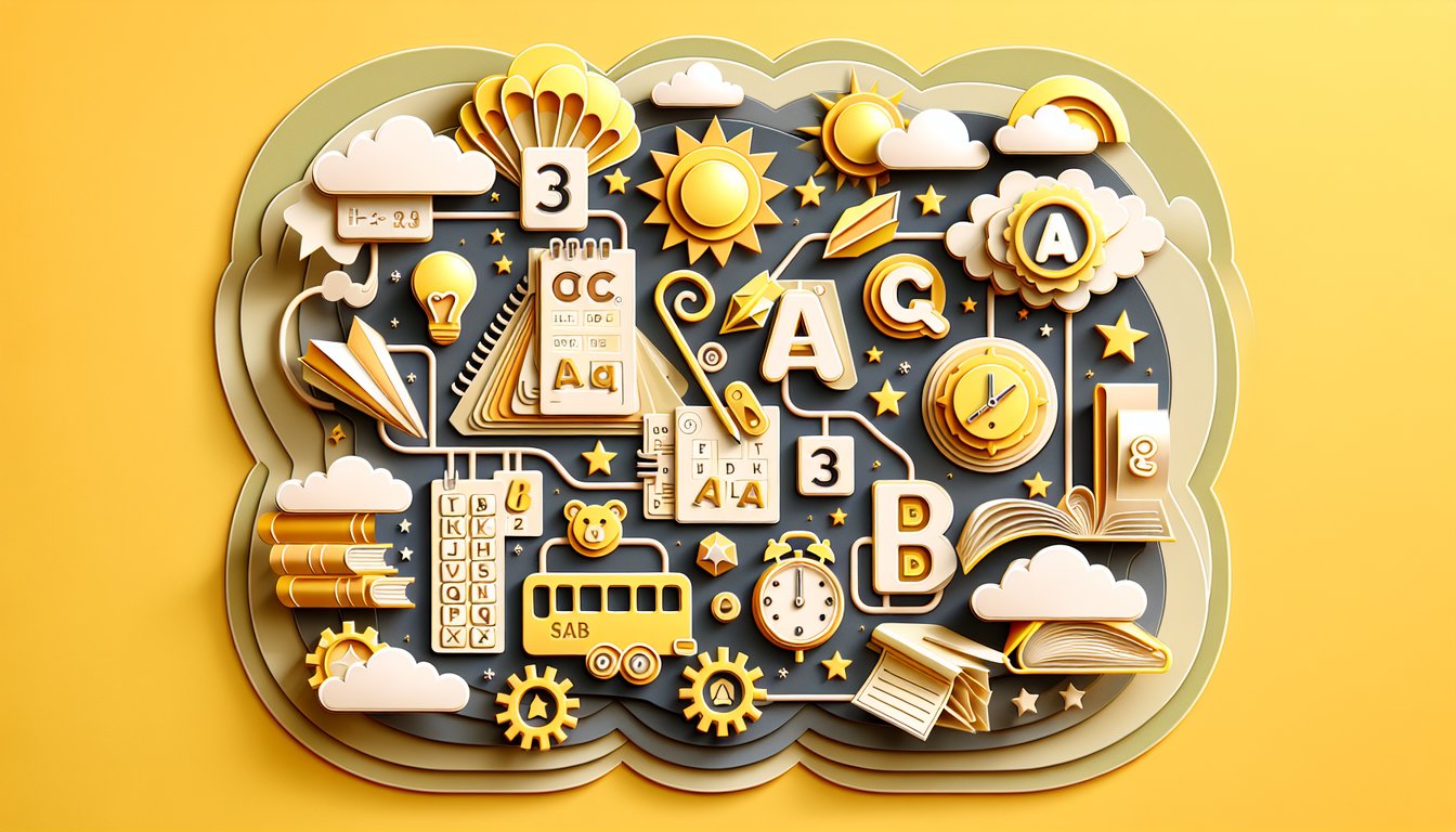 Paper art ABC letters on golden yellow background welcoming kindergarten trivia quiz with playful shapes and question marks.