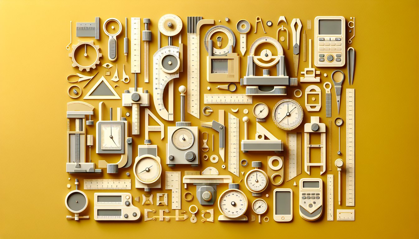 Paper art tools and gauge icons arranged on a golden yellow backdrop representing a calibration quiz theme