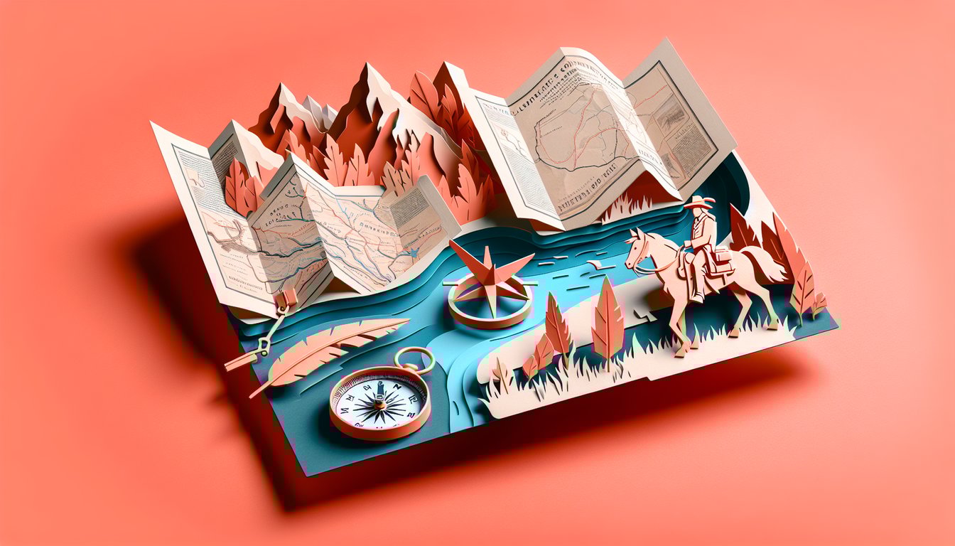 Paper art map showing Lewis and Clark route along Missouri River with mountains and compass on coral background