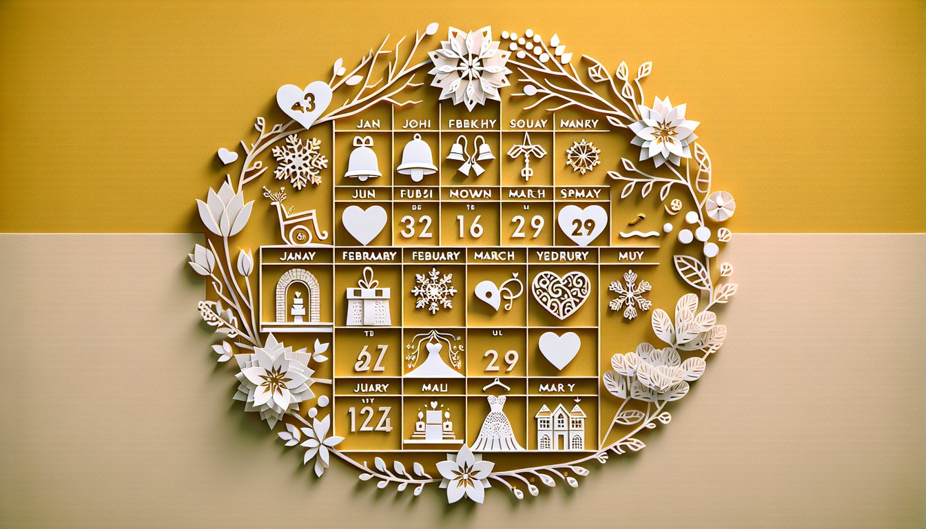 Paper art quiz illustration for discovering perfect wedding month on a golden yellow background