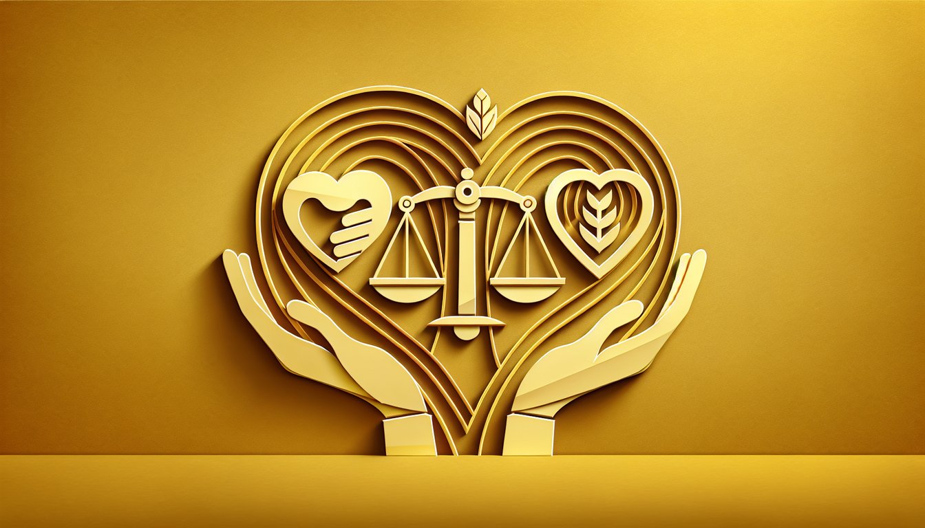 Paper art illustration with layered shapes symbolizing care, fairness, loyalty for values quiz on golden yellow background