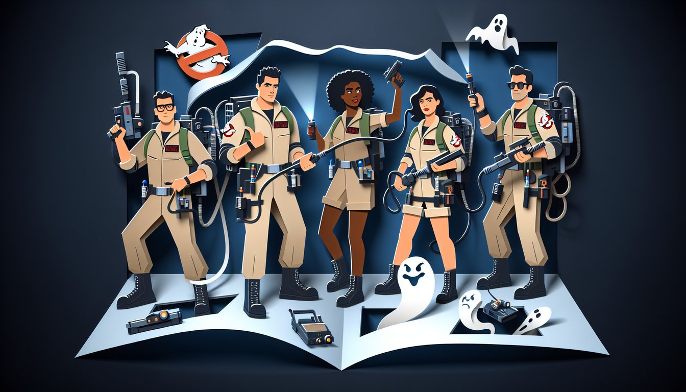 Paper art illustration for Ghostbusters trivia quiz on dark blue background
