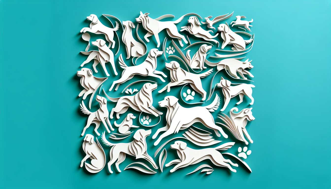 Paper cut dog in graduation cap next to quiz text on teal background inviting you to test dog trivia skills