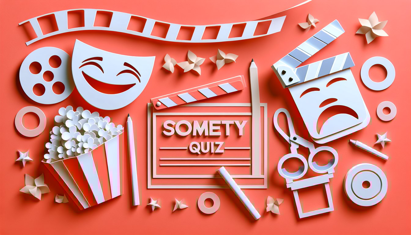 paper art style quiz header on coral background features comedy masks film reel popcorn speech bubbles