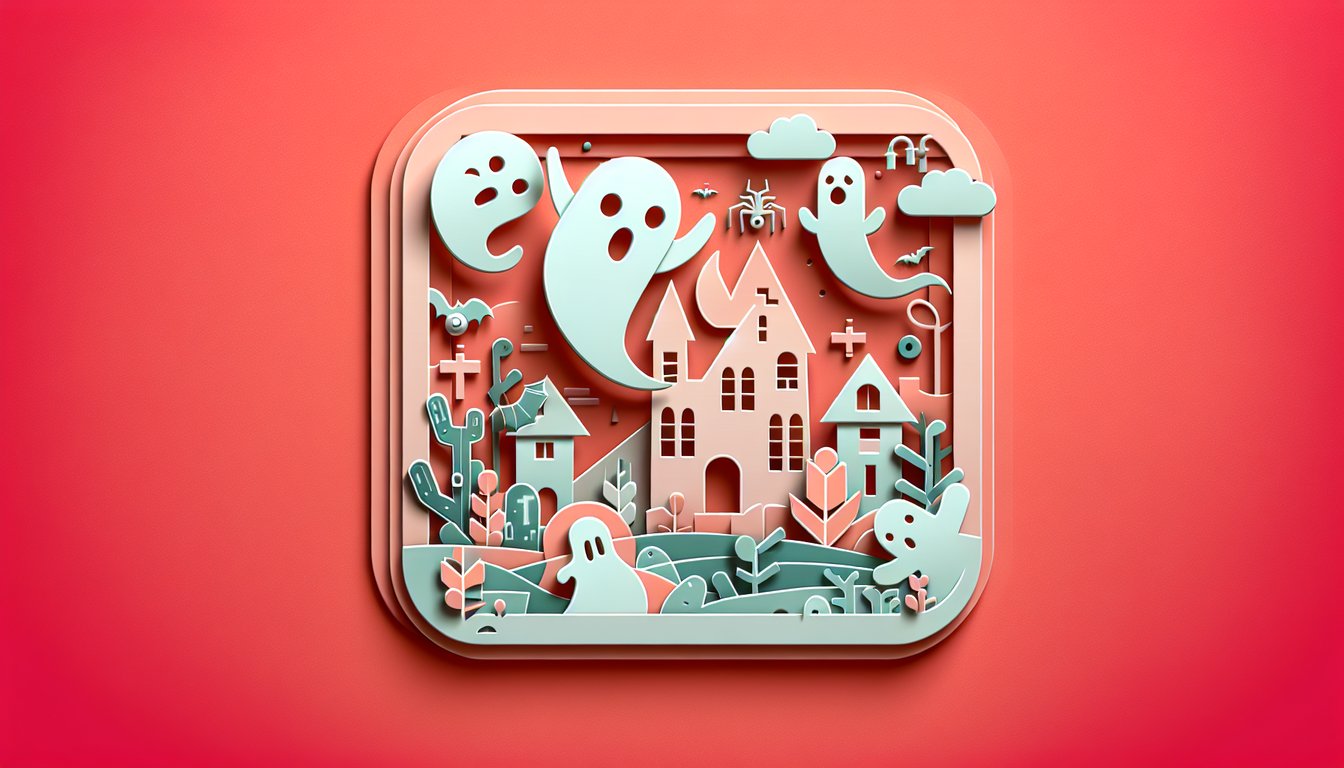 Paper art ghost silhouette on coral background with quiz title about facing ghost fears and playful cutout shadow details