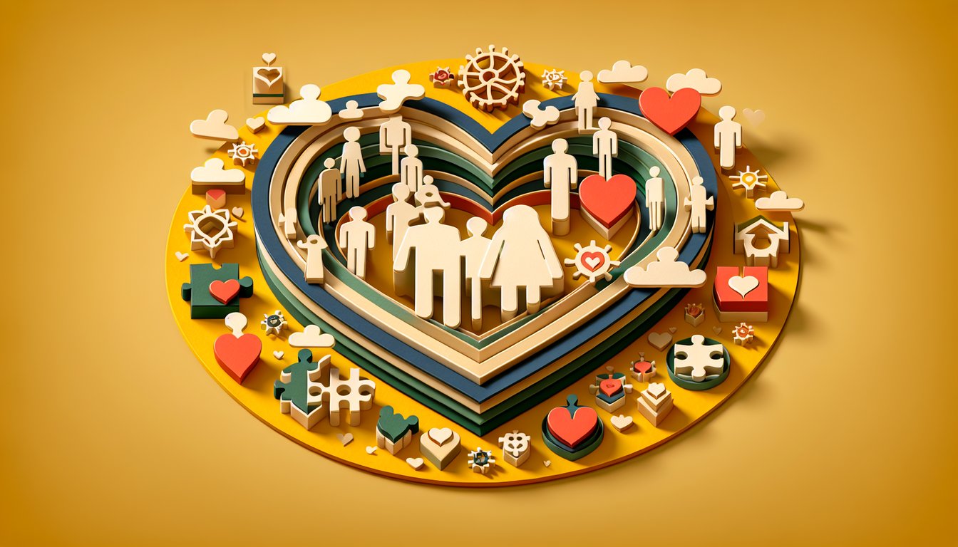 Paper art illustration for dating personality quiz on a golden yellow background