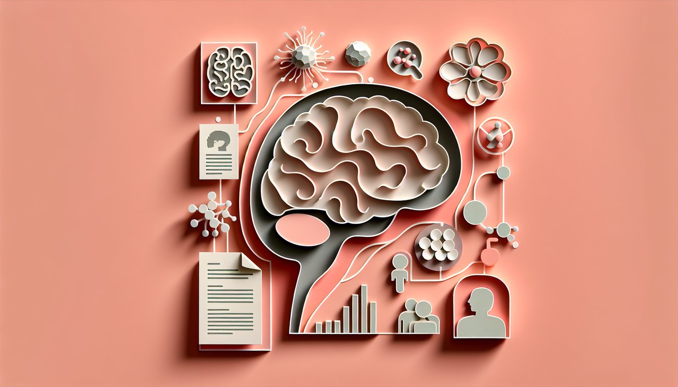Paper art collage of brain neuron icons, books and notes on coral background for free AP Psychology Chapters 1-3 quiz