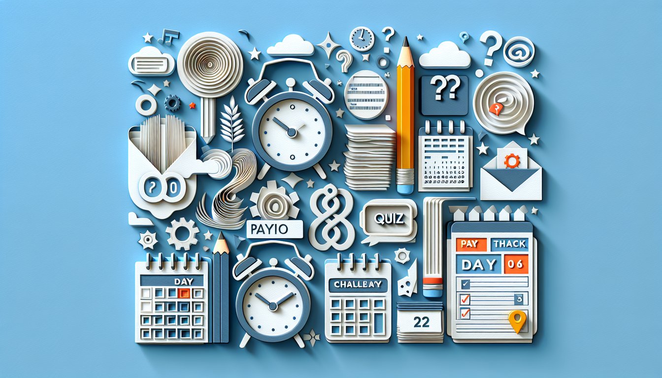 Paper art payroll quiz with paychecks calculator coins charts on sky blue background prompt start quiz