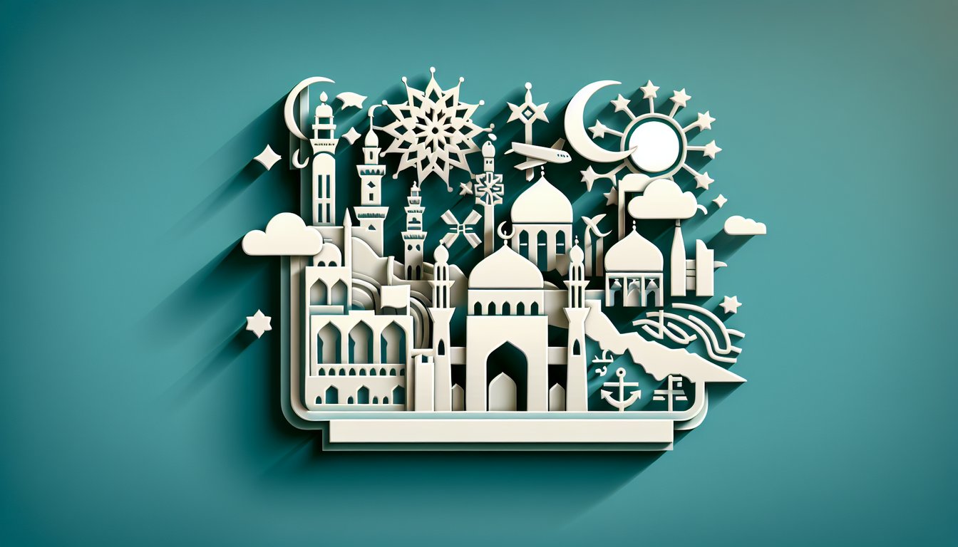 Paper art illustration of Middle East landmarks map quiz symbols heritage culture history icons on teal background