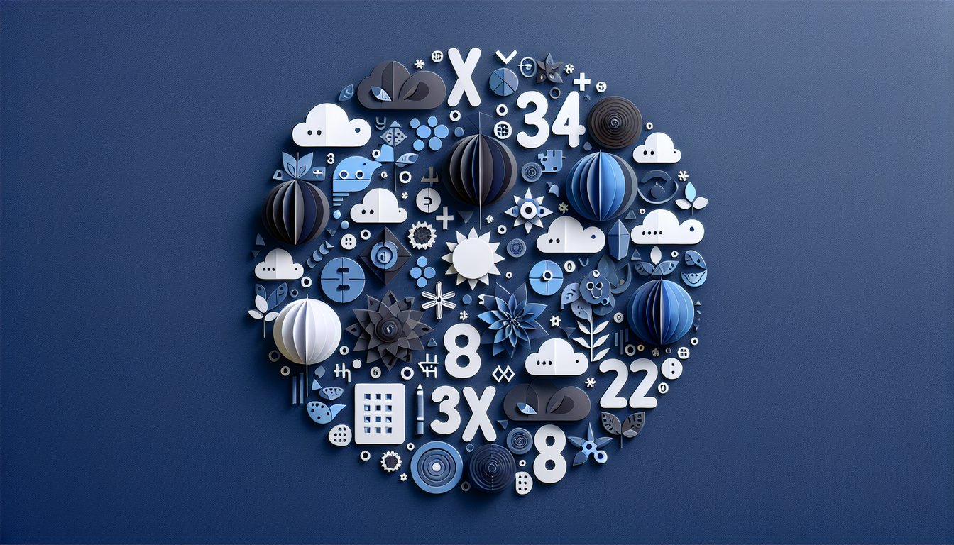Colorful paper art depicting elements related to a basic multiplication quiz.