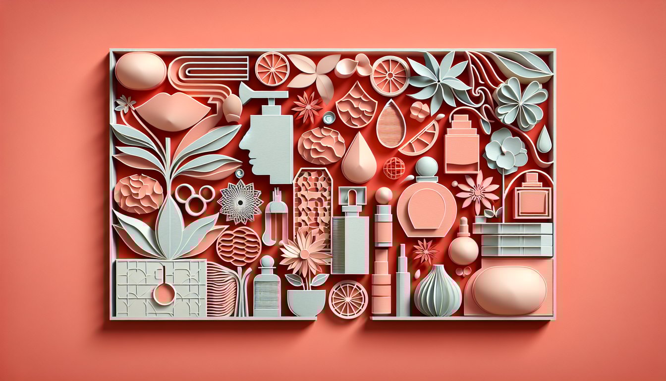 Paper cut aroma icons float on a coral background, around quiz text inviting users to discover scent profiles