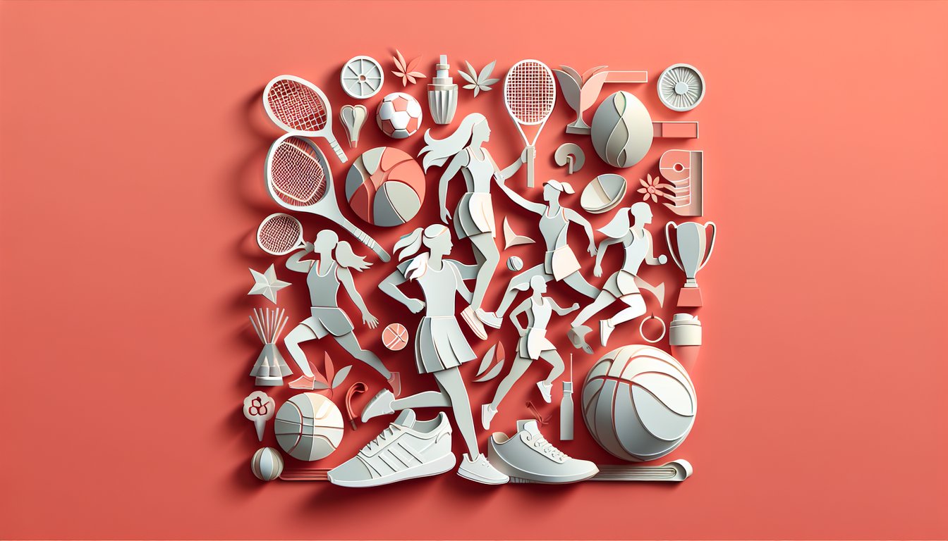 Paper art silhouettes of women athletes on coral background with quiz title womens sports trivia challenge yourself.