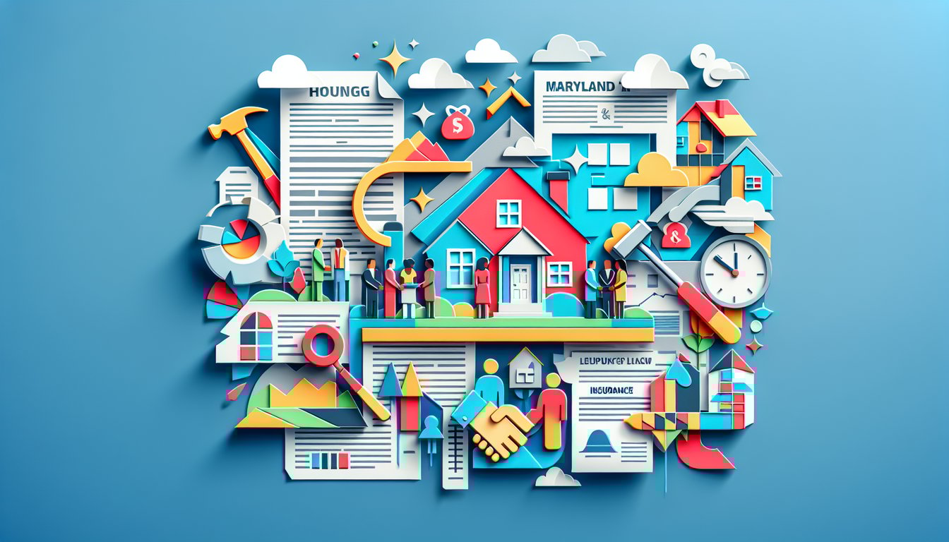 Paper art illustration featuring quiz cards Maryland map icons sky blue background property casualty practice test