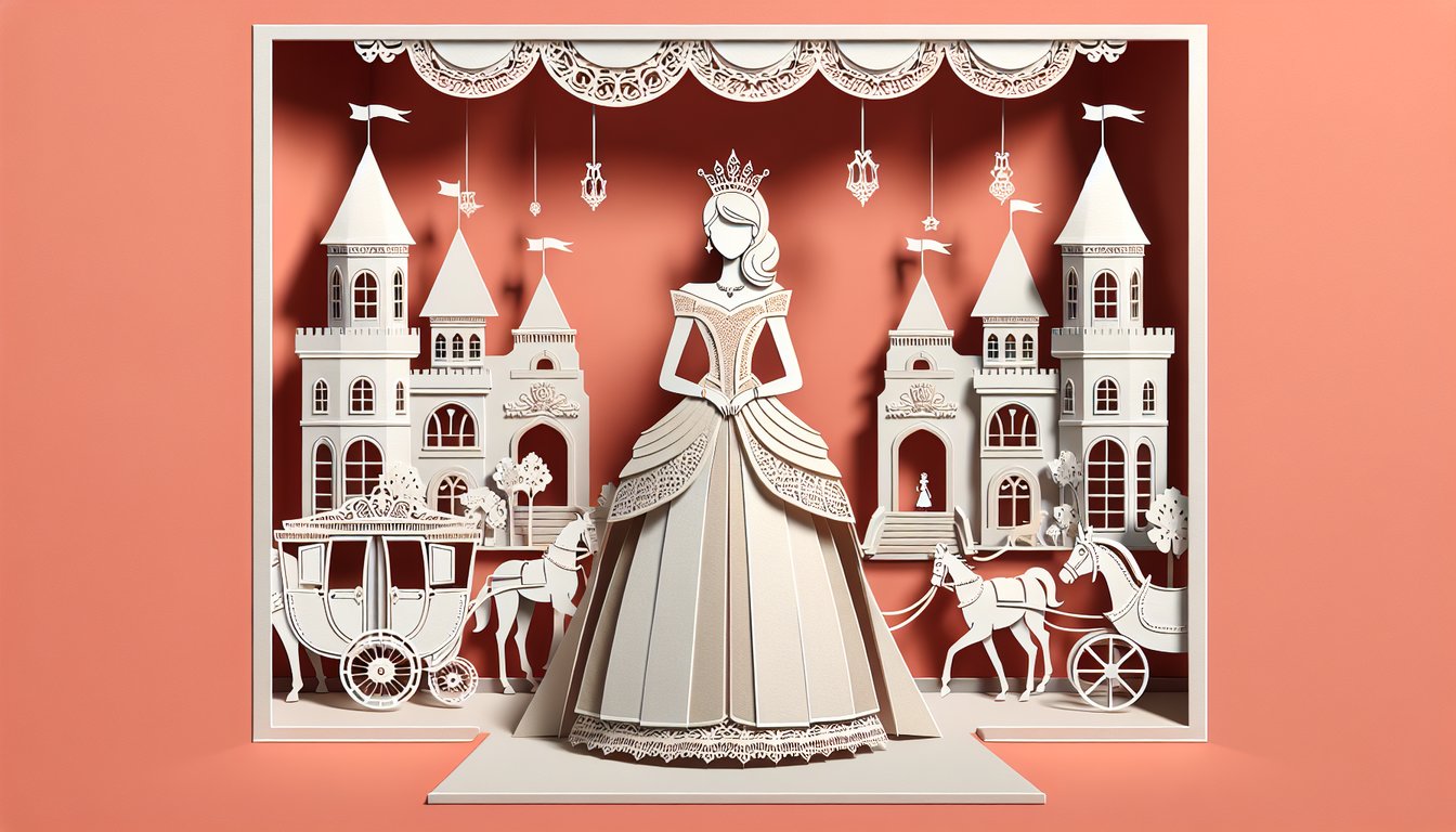 Paper art illustration of Disney princess silhouettes and decorative elements on coral background for a personality quiz