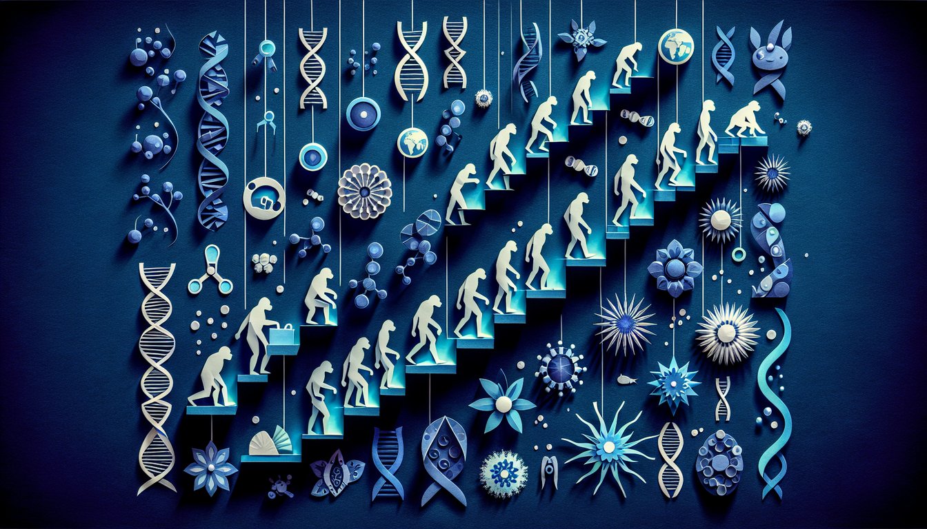 Paper art promoting Unit Test Evolution quiz for high school biology students.