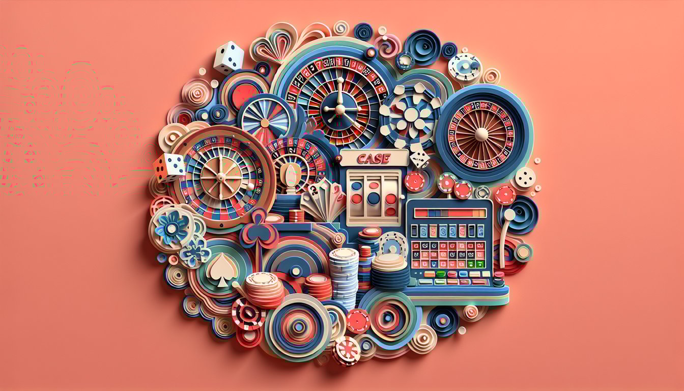 Layered paper art illustration showing casino chips, cards, dice and a trivia question mark on a coral background