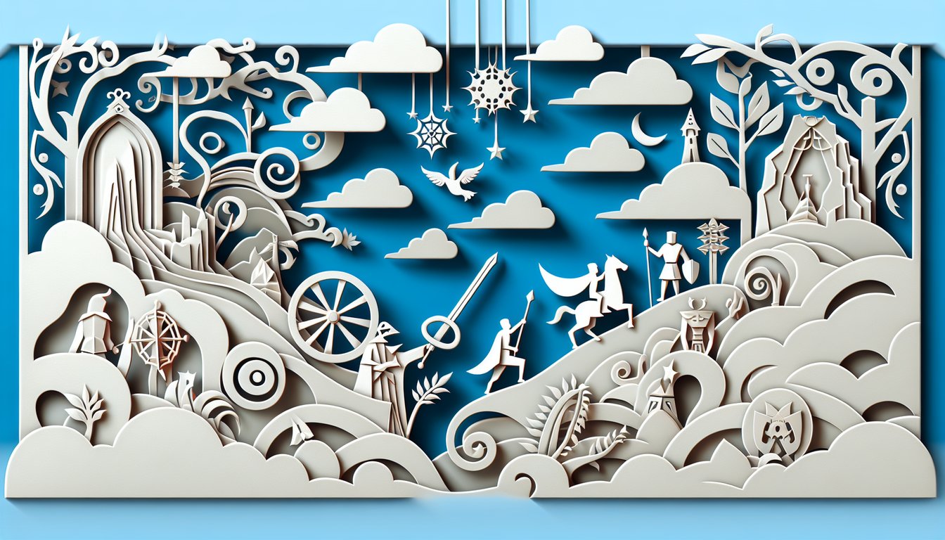Paper art scene shows hero journey with book pages, winding path and character silhouettes on sky blue backdrop