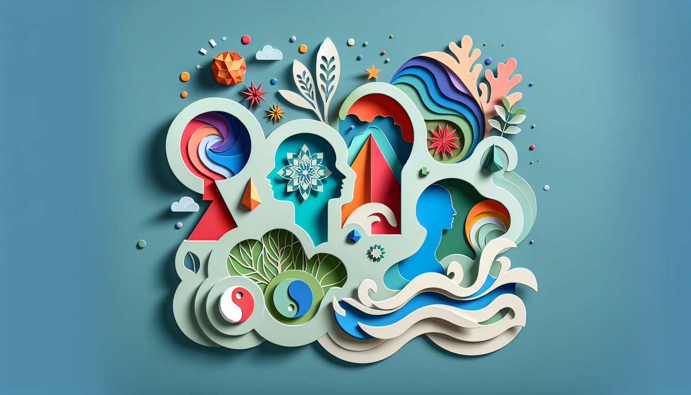 Paper art illustration for human design test quiz on a teal background