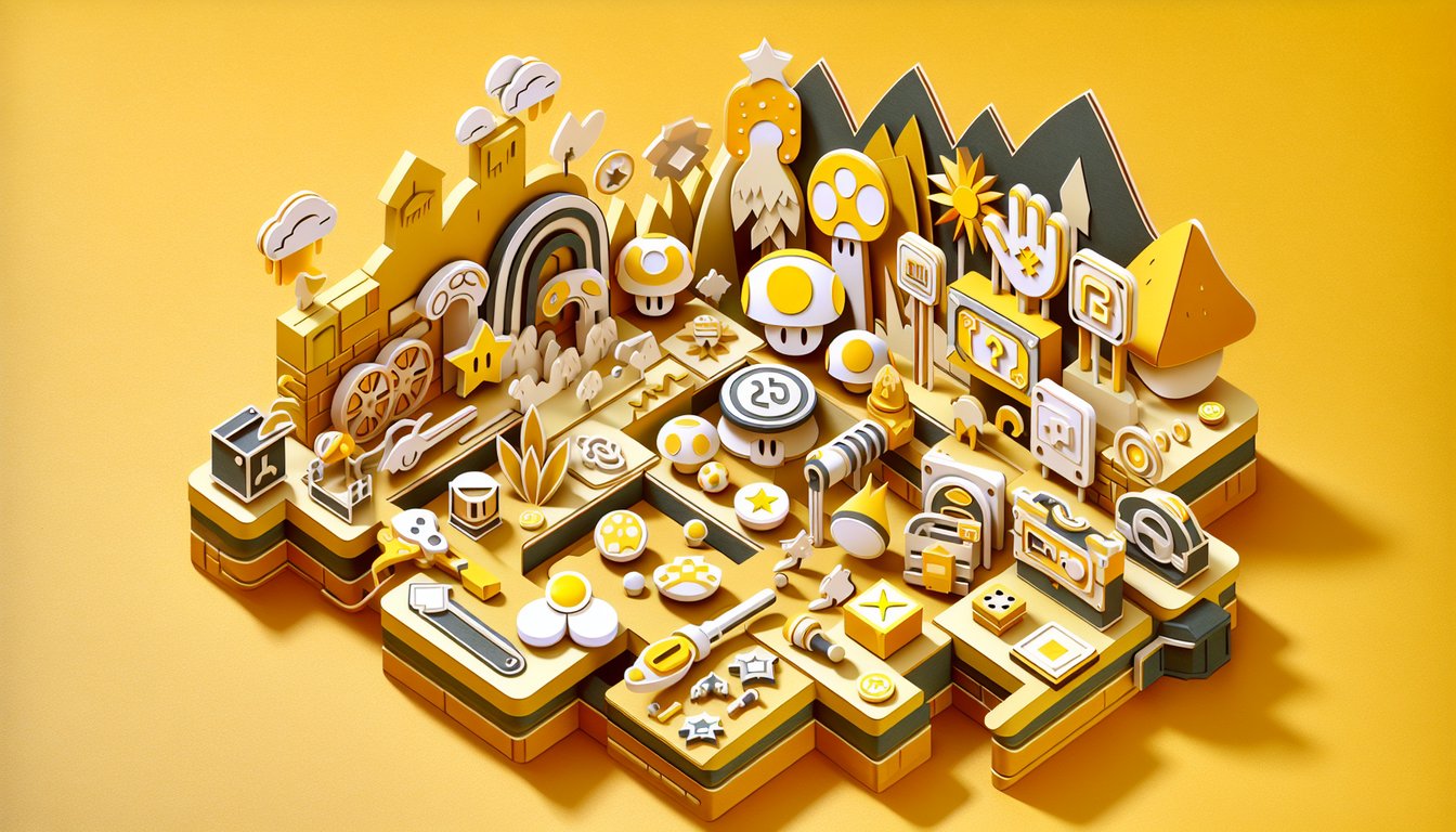 paper art illustration featuring Mario Luigi Peach Yoshi question marks coins mushrooms on golden yellow background