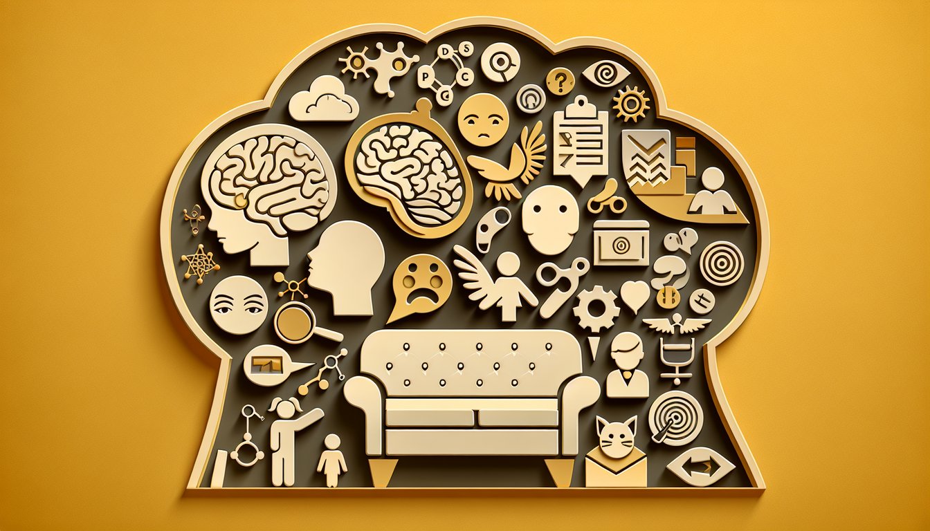 Paper art illustration for psychology career test quiz on a golden yellow background