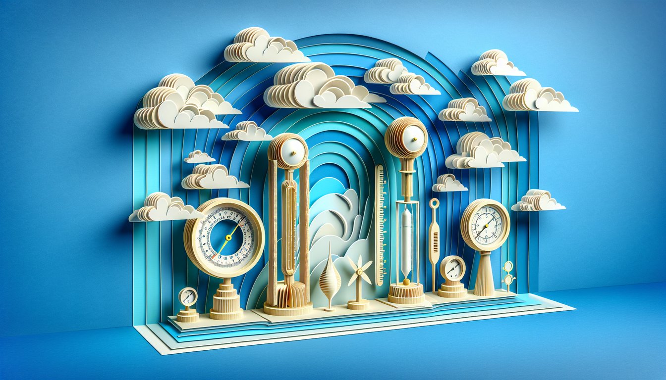 Paper art illustration for weather instruments quiz on a sky blue background