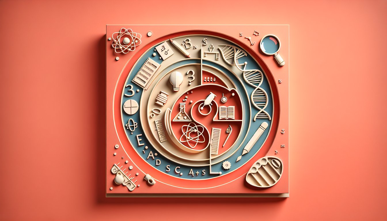 paper art illustration coral background with pencil ruler beaker brain and paintbrush symbols for math science arts quiz