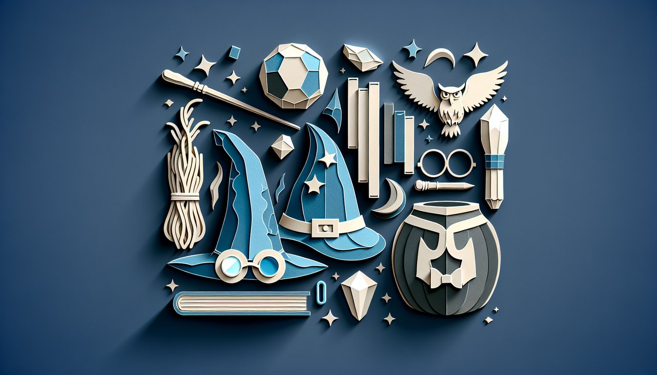paper art illustration of wizards hat, wand, philosophers stone, spellbook, golden snitch on dark blue background for quiz