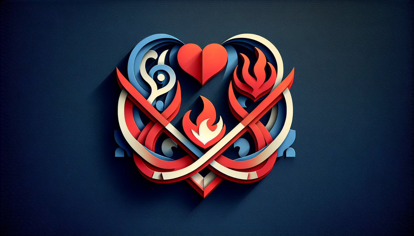 Paper art heart and flame symbols for quiz showing Team Peeta loyal heart vs Team Gale bold rebel on dark blue background