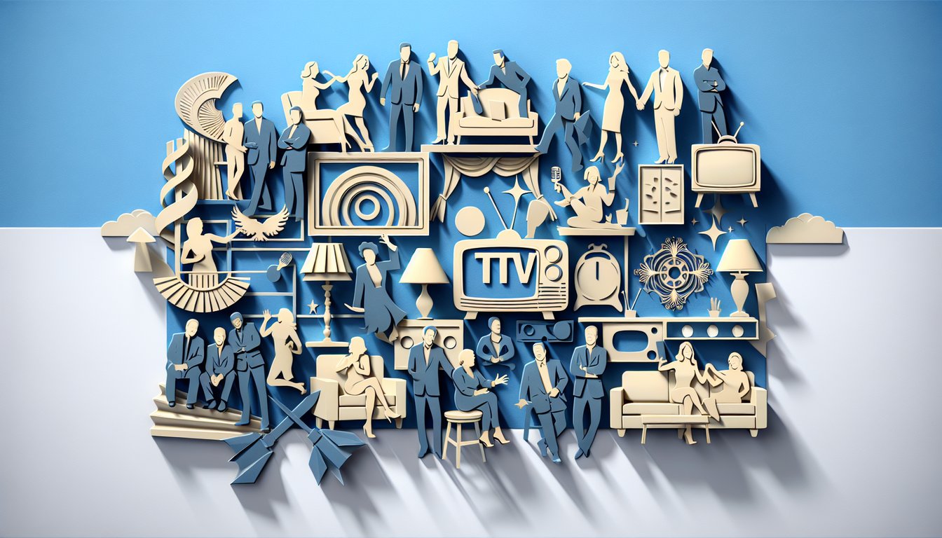 Paper art illustration for Ultimate TV Trivia Quiz on a sky blue background