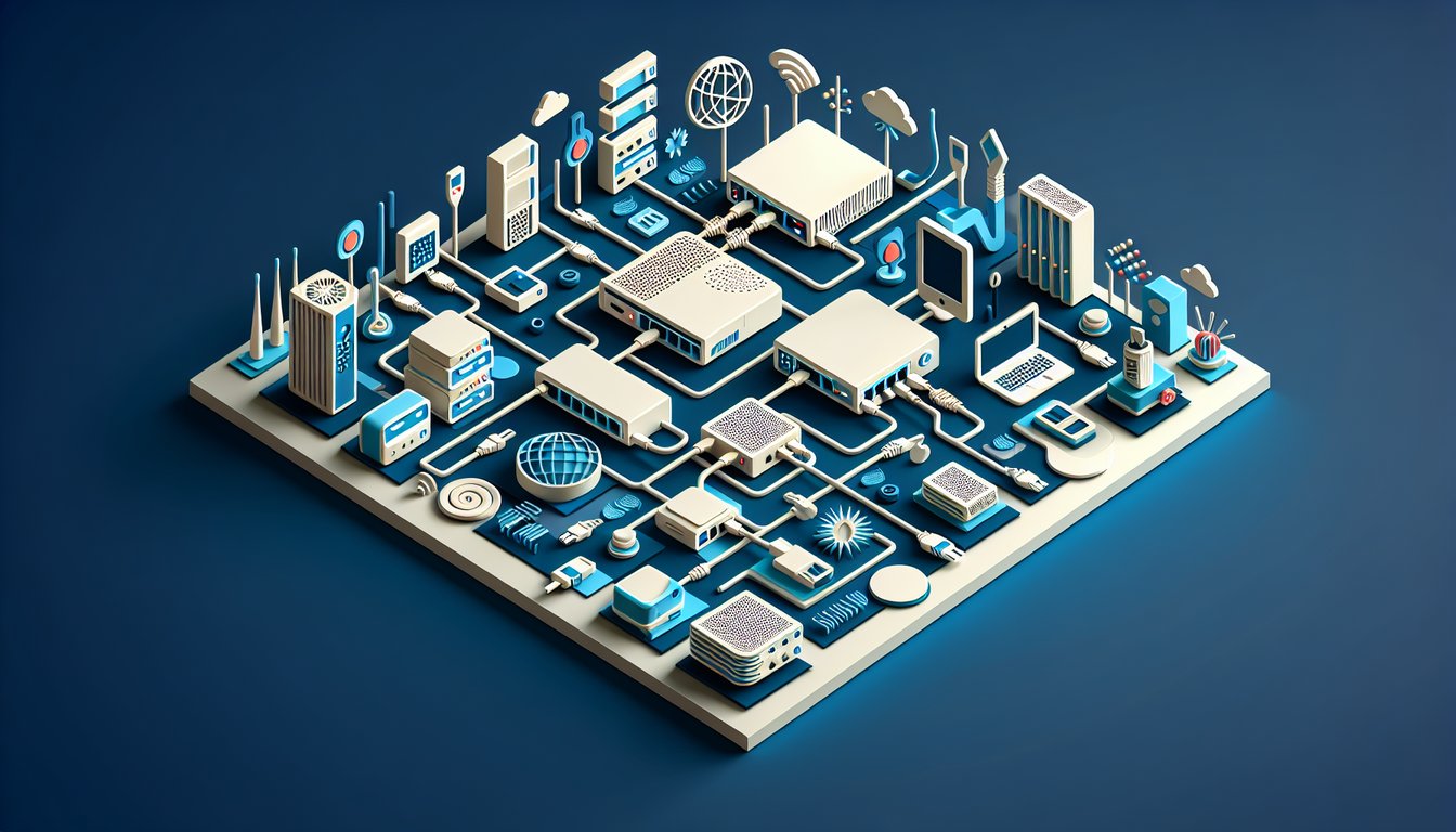 Paper art illustration for networking components quiz on dark blue background