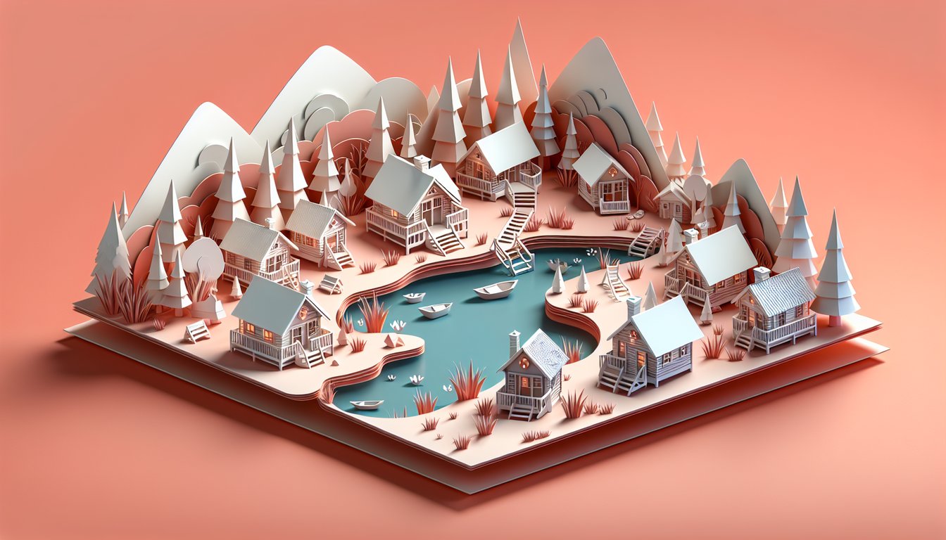 Paper art illustration of Camp Half-Blood cabin symbols alongside personality quiz text on coral background
