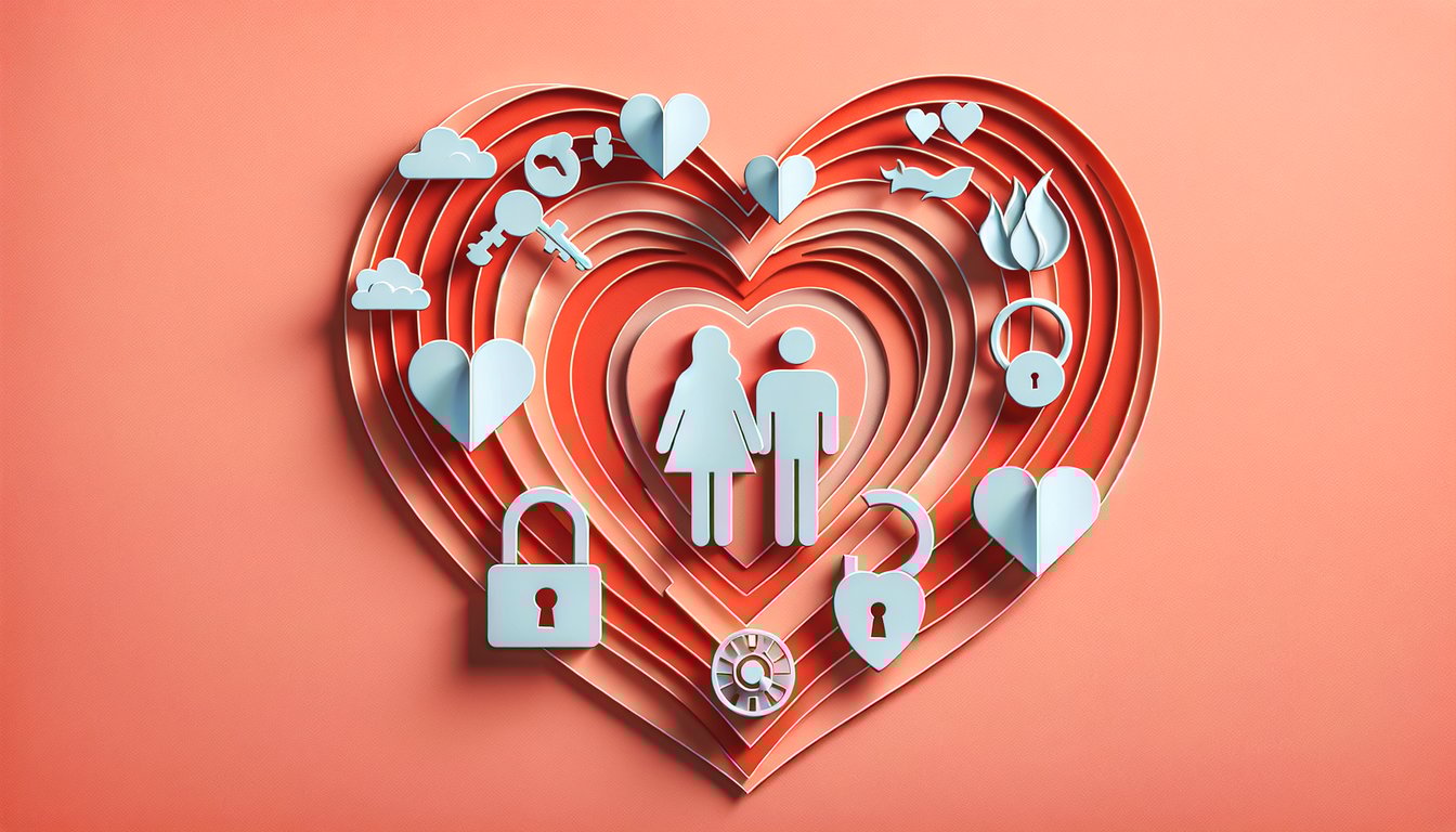 paper art illustration of a happy couple holding hands inside a heart shape on a coral background