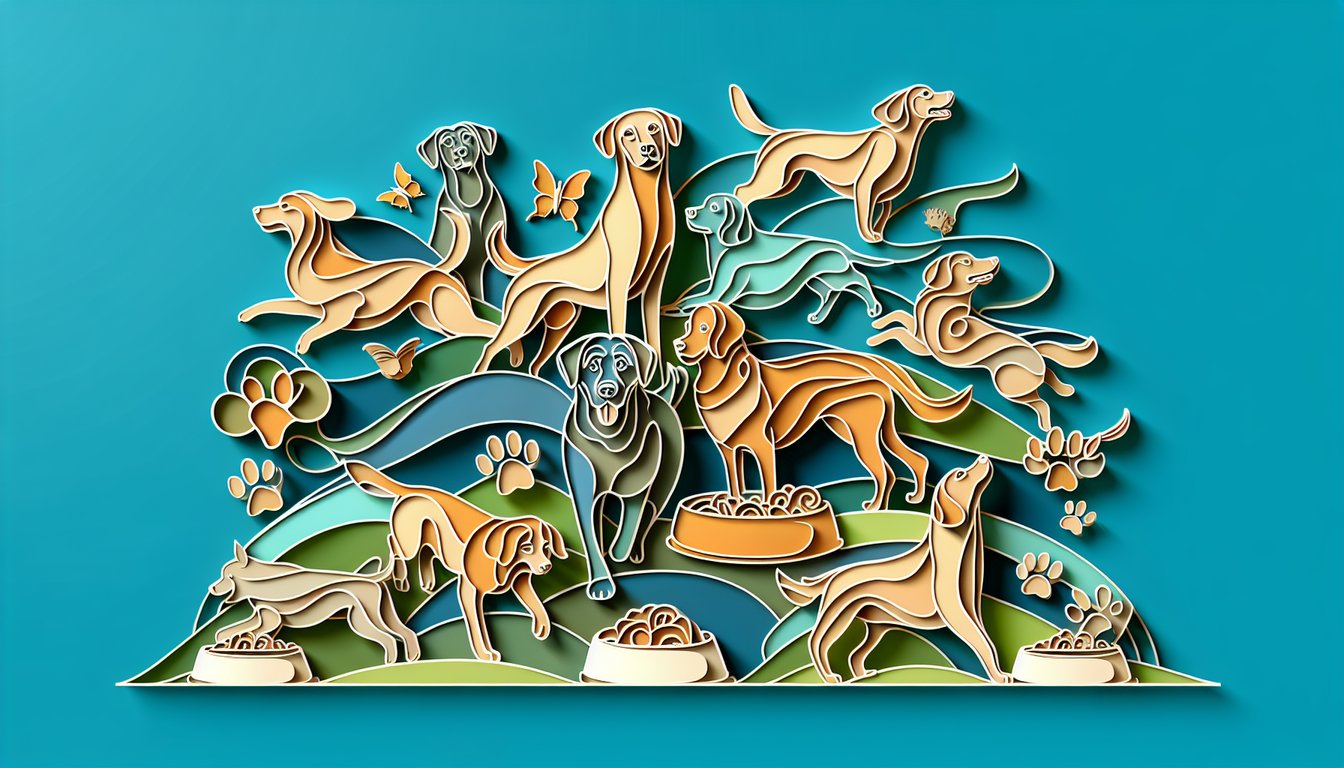 paper art dog quiz illustration on energy appetite diabetes health check on teal background