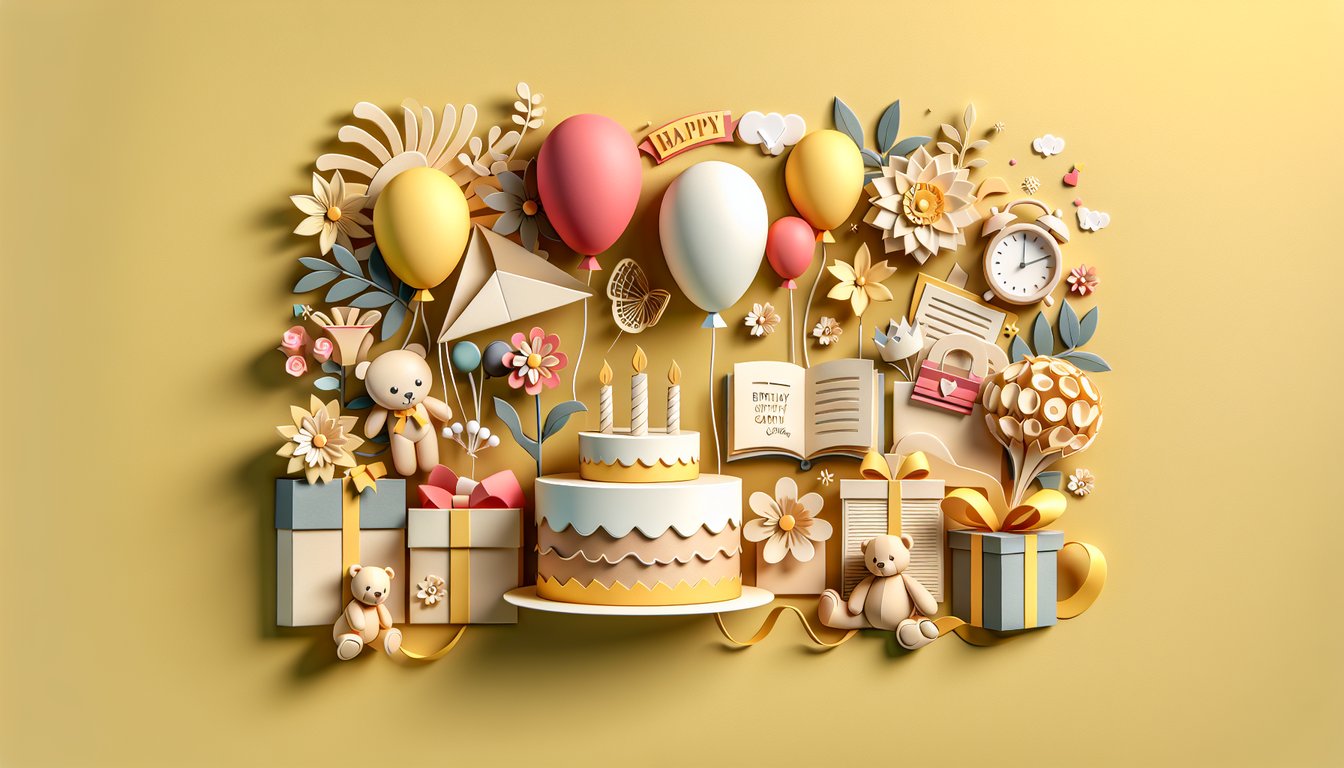 Colorful paper cut birthday quiz illustration with cake candles balloons stars confetti on golden yellow background