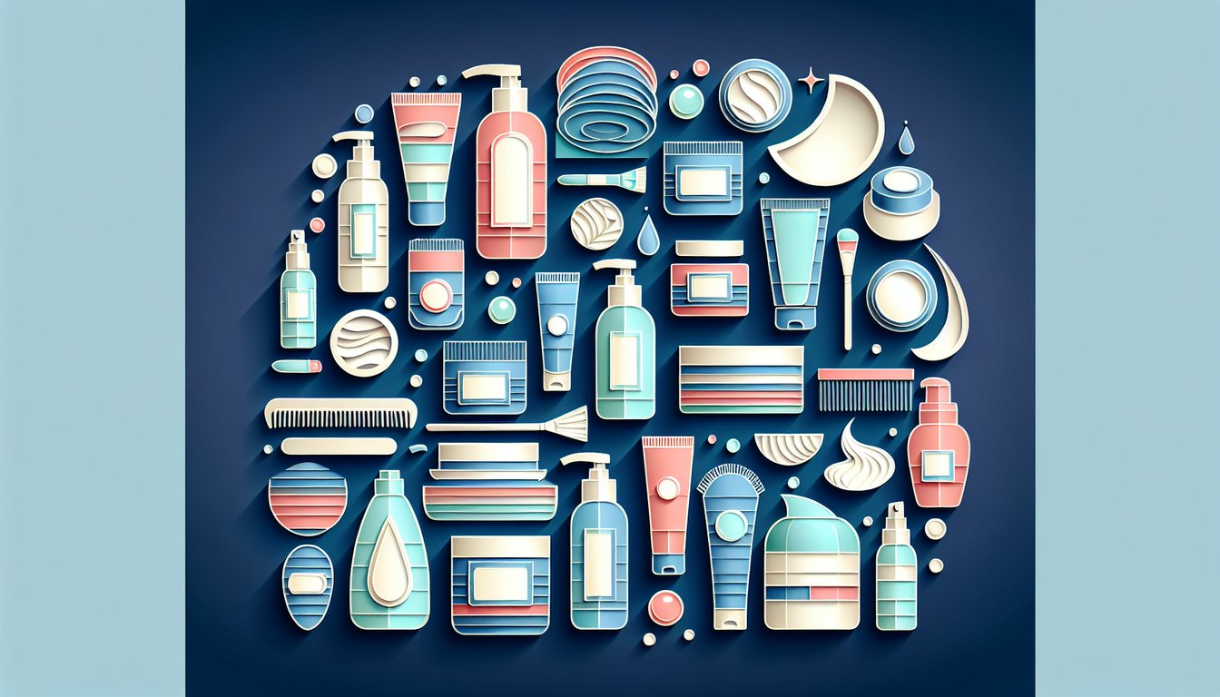 Paper art illustration of The Ordinary skincare bottles leaves and quiz cards on dark blue background.