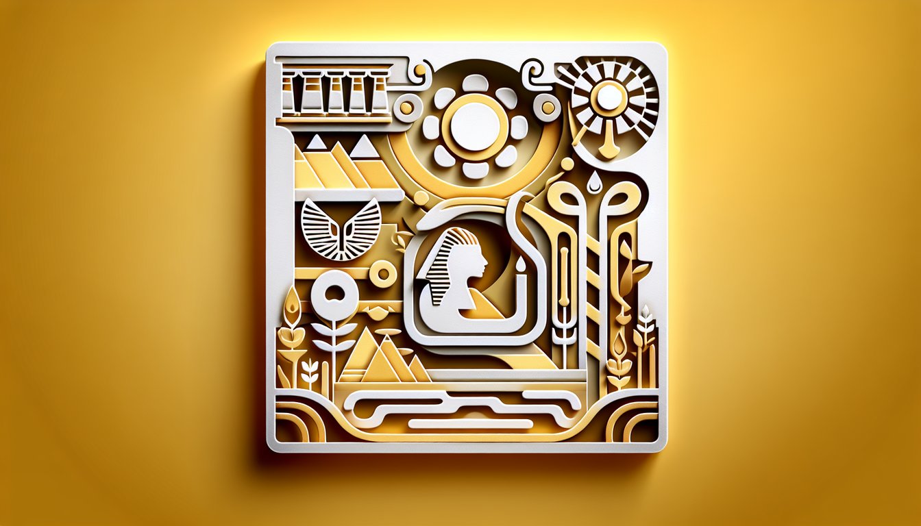 Paper art illustration featuring Egyptian icons and quiz motifs on golden yellow background