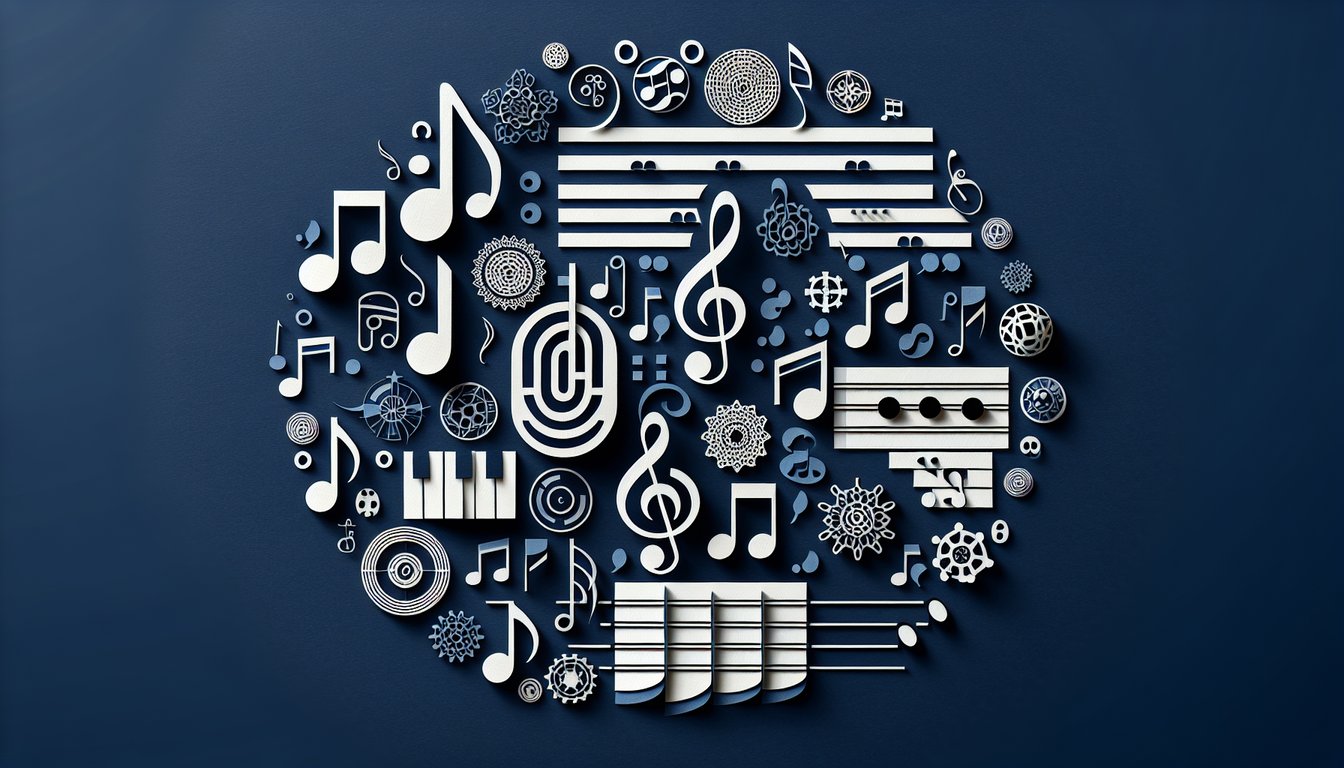 Colorful paper art depicting musical notes and symbols for Basic Music Theory Quiz
