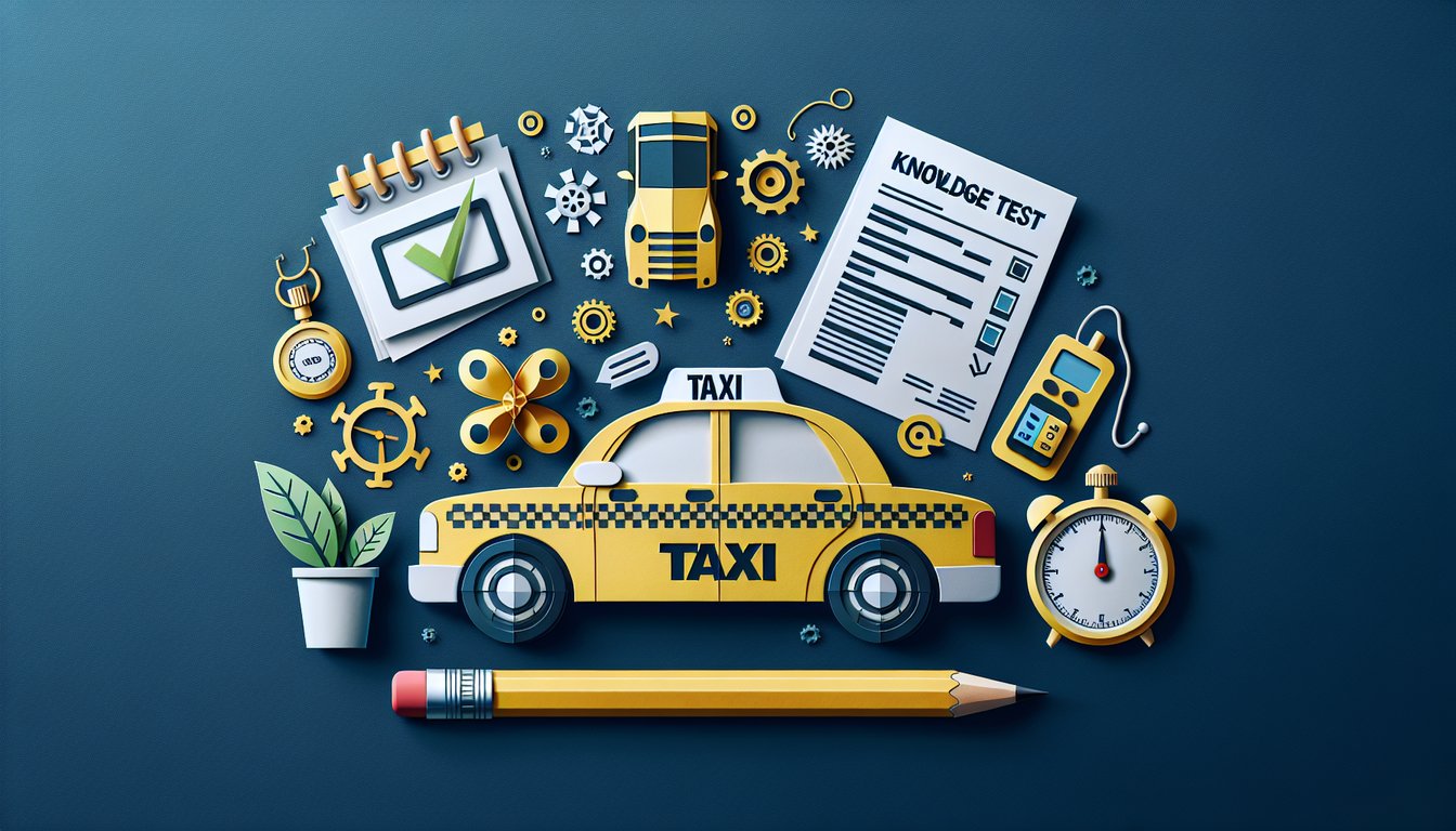 Colorful paper art depicting a quiz on Taxi Driver Licensing Knowledge Test