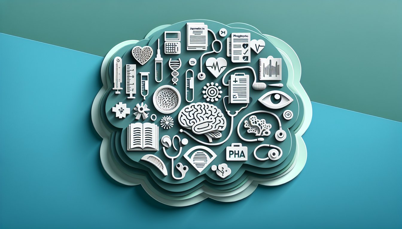 Paper art illustration of layered pages and medical icons on teal background for free medical prefixes quiz